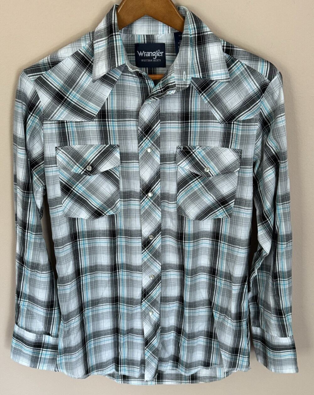 Wrangler Mens Small Pearl Snap Shirt MultiColor Plaid Long Sleeve Western Cowboy